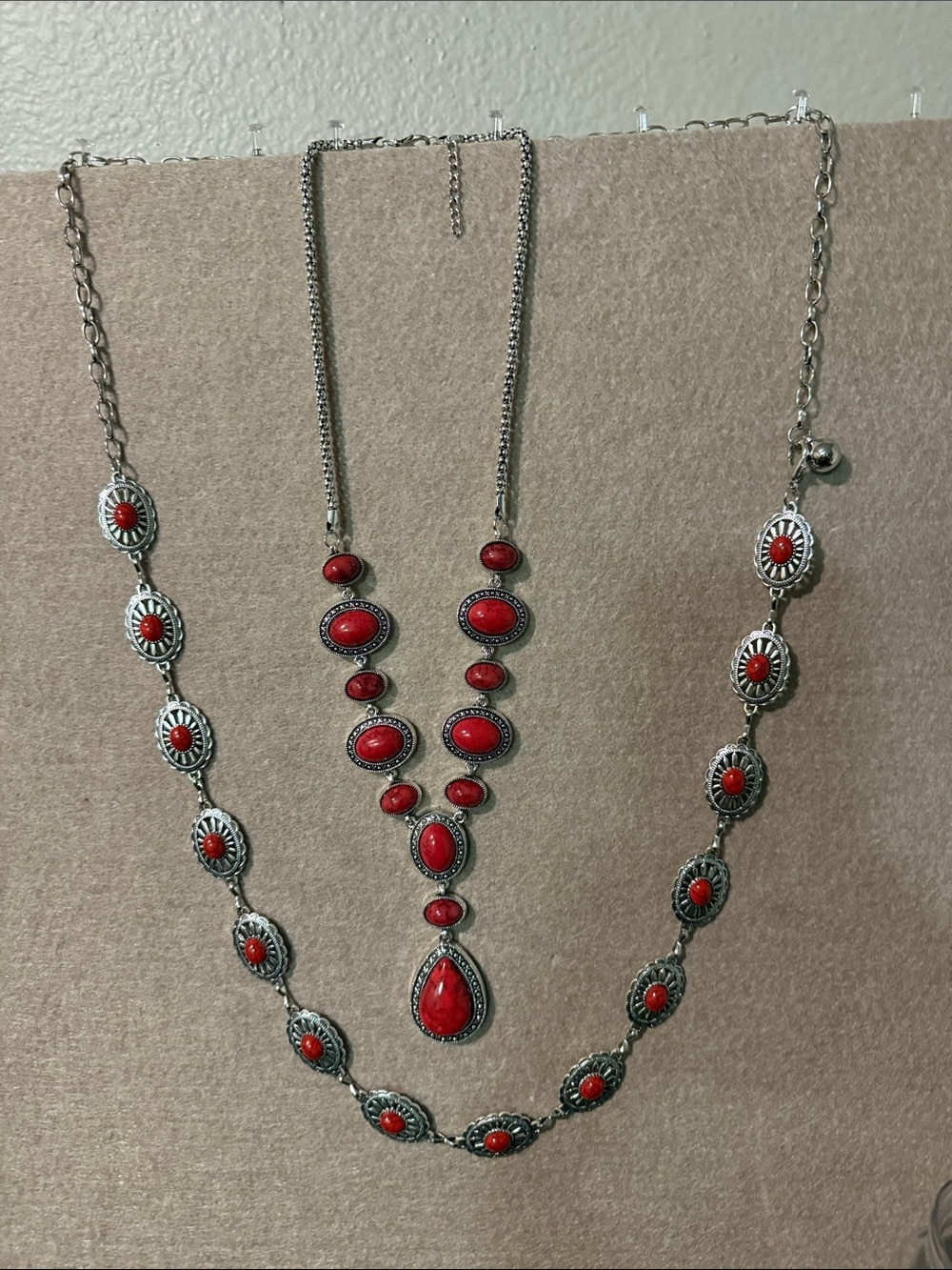Amazon Silver-Tone Layered Necklace Set with Red Stones